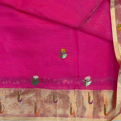 Rani pink premium kota silk saree(soft, thin)with rich hand embroidery work all over,paithani woven double side borders,rich zari woven pallu,with hand embroidery & sequins work,running blouse with embroidery and borders. NS256