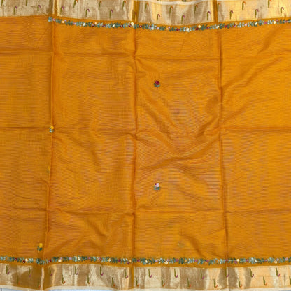 Fenugreek yellow premium kota silk saree(soft, thin)with rich hand embroidery work all over,paithani woven double side borders,rich zari woven pallu,with hand embroidery & sequins work,running blouse with embroidery and borders. NS257