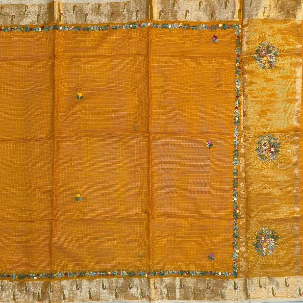 Fenugreek yellow premium kota silk saree(soft, thin)with rich hand embroidery work all over,paithani woven double side borders,rich zari woven pallu,with hand embroidery & sequins work,running blouse with embroidery and borders. NS257
