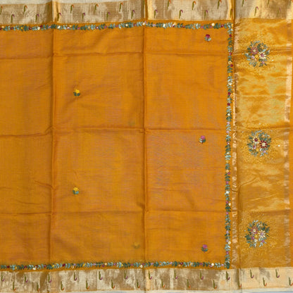 Fenugreek yellow premium kota silk saree(soft, thin)with rich hand embroidery work all over,paithani woven double side borders,rich zari woven pallu,with hand embroidery & sequins work,running blouse with embroidery and borders. NS257