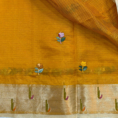 Fenugreek yellow premium kota silk saree(soft, thin)with rich hand embroidery work all over,paithani woven double side borders,rich zari woven pallu,with hand embroidery & sequins work,running blouse with embroidery and borders. NS257