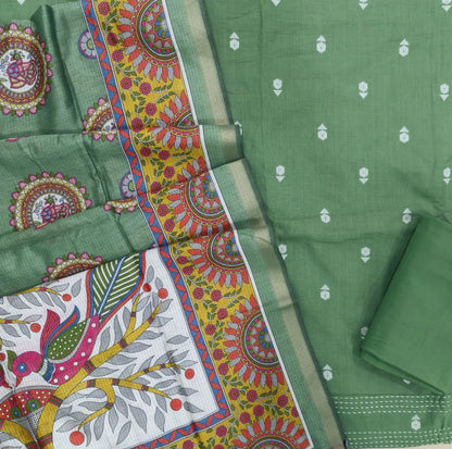Sage green premium handloom cotton unstitched salwar material,thread woven buttas all over, kantha stitch daman,(lining needed)cotton bottom, digital printed premium chanderi silk cotton dupatta with tissue borders. JL261807