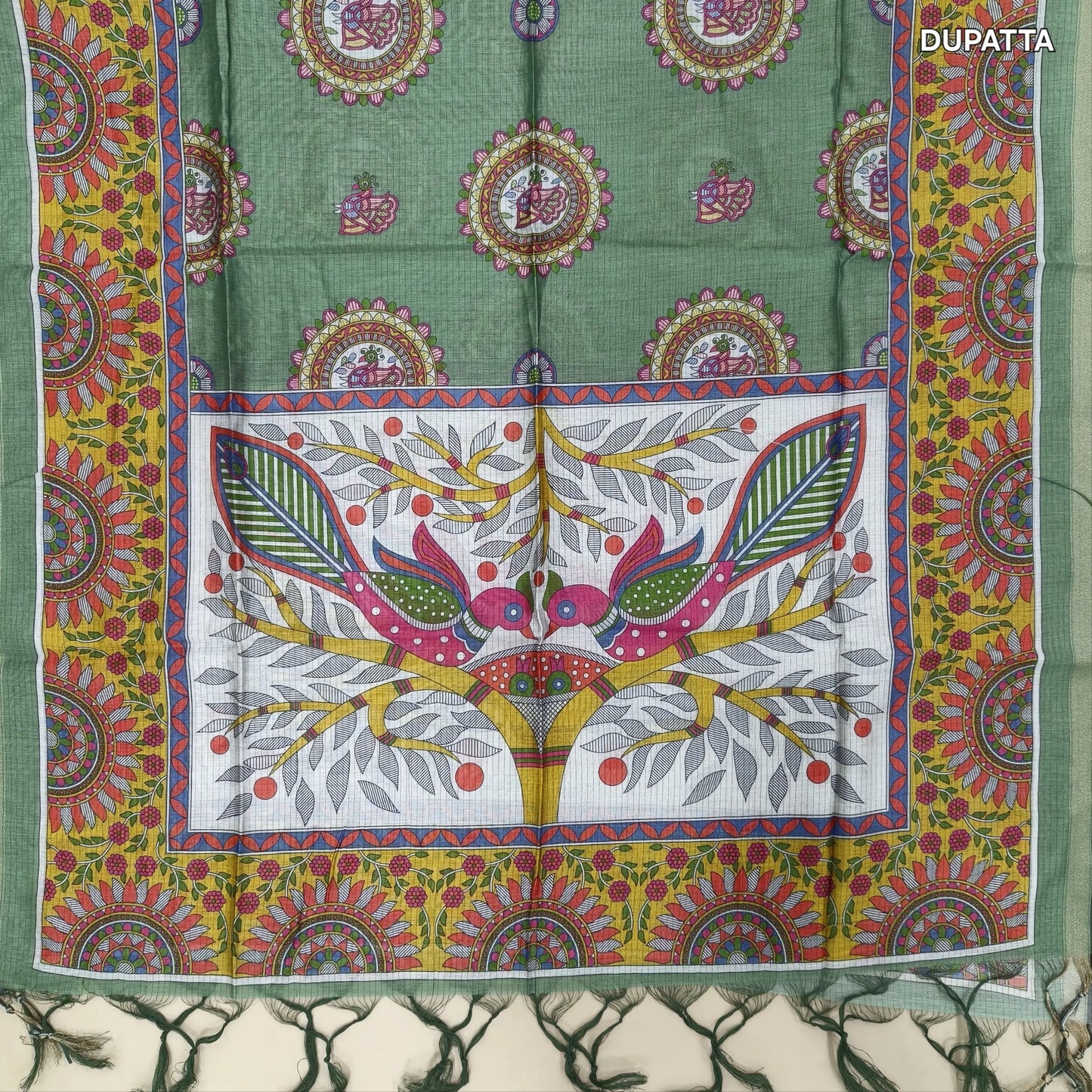 Sage green premium handloom cotton unstitched salwar material,thread woven buttas all over, kantha stitch daman,(lining needed)cotton bottom, digital printed premium chanderi silk cotton dupatta with tissue borders. JL261807