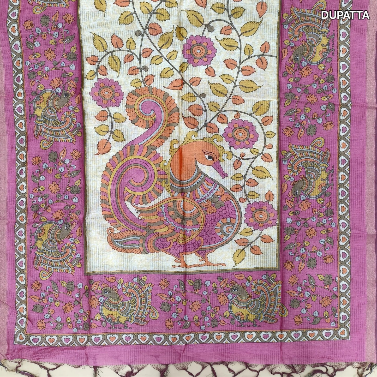 Pink premium handloom cotton unstitched salwar material,thread woven buttas all over, kantha stitch daman,(lining needed)cotton bottom, digital printed premium chanderi silk cotton dupatta with tissue borders. JL261806