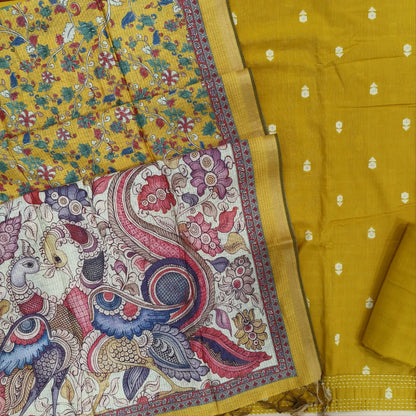 Mehandhi yellow premium handloom cotton unstitched salwar material,thread woven buttas all over, kantha stitch daman,(lining needed)cotton bottom, digital printed premium chanderi silk cotton dupatta with tissue borders. JL261808