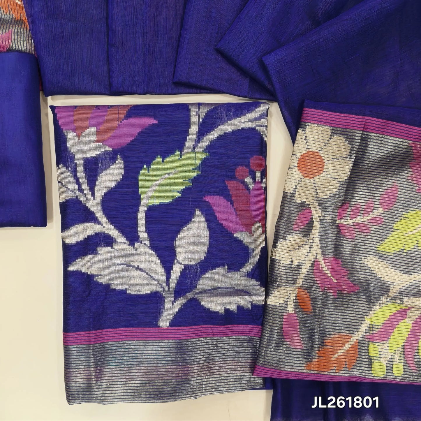 Royal blue premium silk cotton unstitched salwar material ( soft,lining needed)meenakari and zari weaving daman, matching silk cotton bottom,silk cotton dupatta with tissue and weaving pallu. JL261801