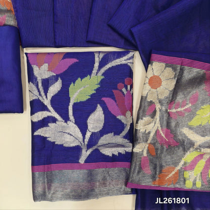 Royal blue premium silk cotton unstitched salwar material ( soft,lining needed)meenakari and zari weaving daman, matching silk cotton bottom,silk cotton dupatta with tissue and weaving pallu. JL261801
