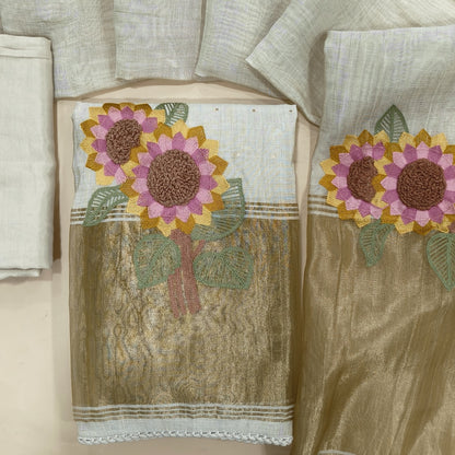 Light beige premium silk cotton unstitched salwar material,embroidery yoke,zari buttas all over,gold tissue and embroidery work on daman,(lining needed)spun cotton bottom, silk cotton dupatta with embriodery work with tissue pallu.JL261901