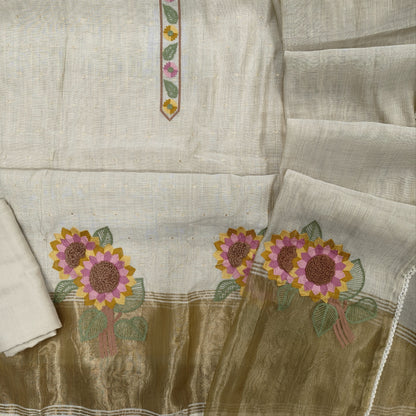 Light beige premium silk cotton unstitched salwar material,embroidery yoke,zari buttas all over,gold tissue and embroidery work on daman,(lining needed)spun cotton bottom, silk cotton dupatta with embriodery work with tissue pallu.JL261901