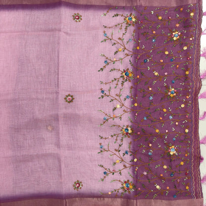 Purple with golden tint premium dual shaded tissue linen saree, with rich hand embroidery work all over(texture)double side tissue borders,contrast pallu, with rich hand embroidery and sequins work, running blouse with embroidery & borders. NS265