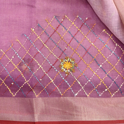 Purple with golden tint premium dual shaded tissue linen saree, with rich hand embroidery work all over(texture)double side tissue borders,contrast pallu, with rich hand embroidery and sequins work, running blouse with embroidery & borders. NS265