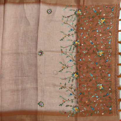 Rust orange with golden tint premium dual shaded tissue linen saree, with rich hand embroidery work all over(texture)double side tissue borders,contrast pallu, with rich hand embroidery and sequins work, running blouse with embroidery & borders. NS266