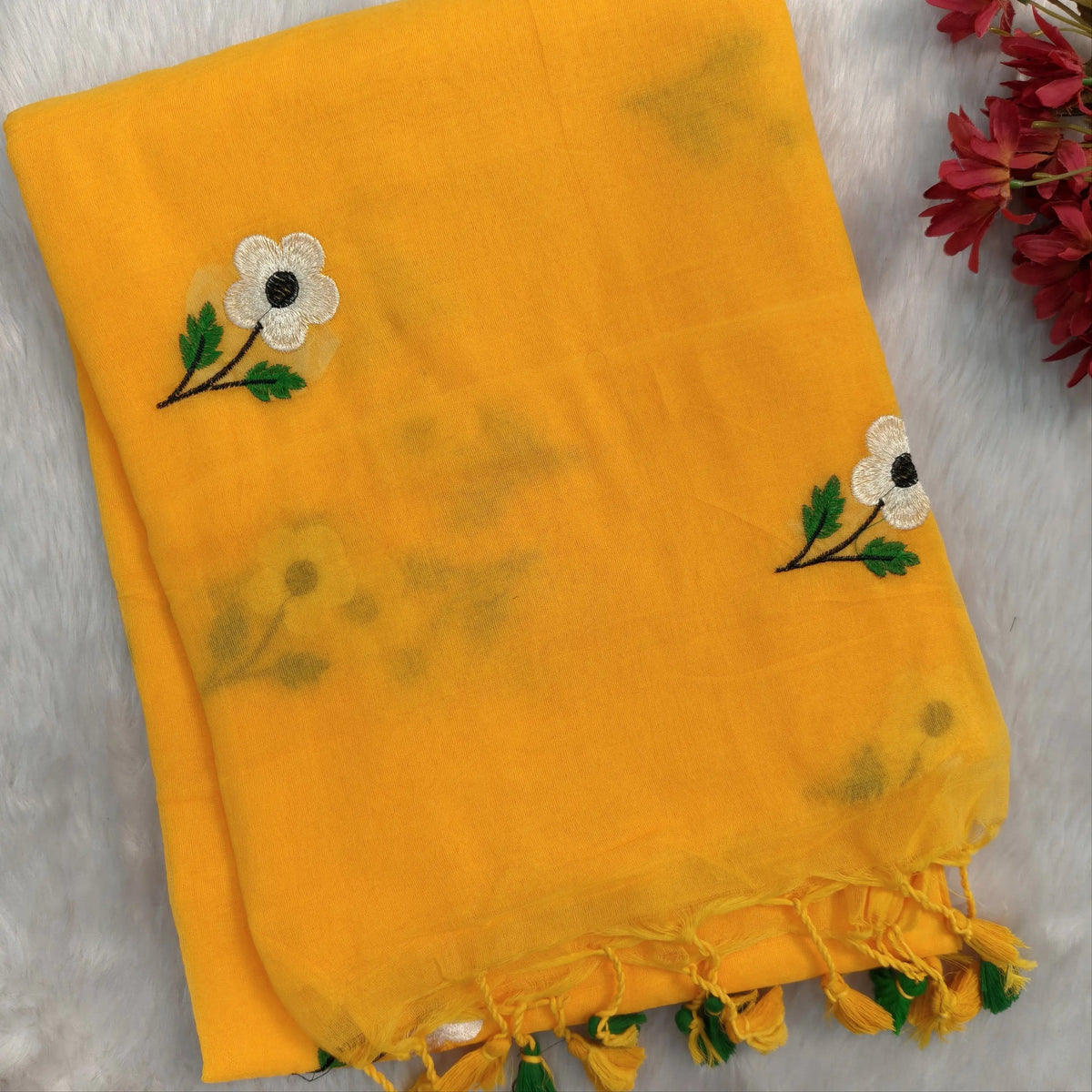 Bright sunshine yellow mul mul cotton saree(soft, light weight)with embroidery all over, handmade tassles in pallu, running blouse. NS280