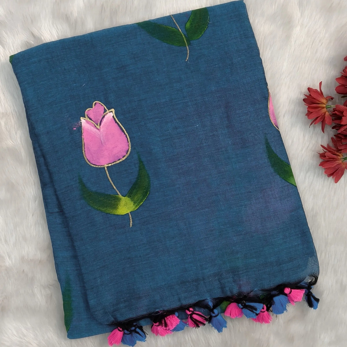 Teal blue soft mul mul cotton saree(soft, light weight)with hand brush paint work all over,handmade tassles in pallu, running blouse. NS286