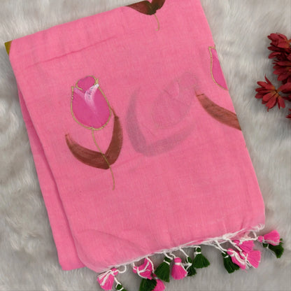 Pink soft mul mul cotton saree(soft, light weight)with hand brush paint work all over,handmade tassles in pallu, running blouse. NS284