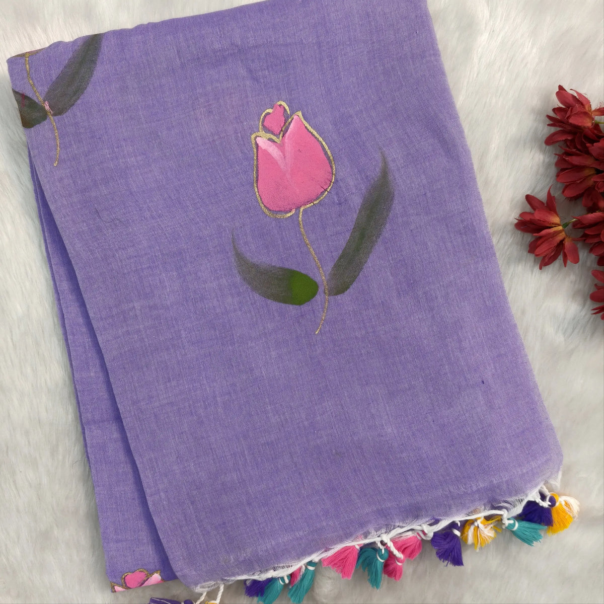 Lavender soft mul mul cotton saree(soft, light weight)with hand brush paint work all over,handmade tassles in pallu, running blouse. NS287