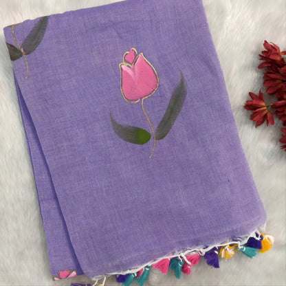 Lavender soft mul mul cotton saree(soft, light weight)with hand brush paint work all over,handmade tassles in pallu, running blouse. NS287