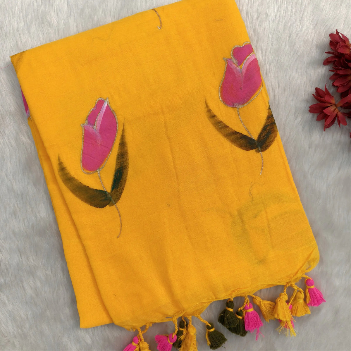 Sunshine yellow soft mul mul cotton saree(soft, light weight)with hand brush paint work all over,handmade tassles in pallu, running blouse. NS282