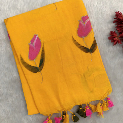 Sunshine yellow soft mul mul cotton saree(soft, light weight)with hand brush paint work all over,handmade tassles in pallu, running blouse. NS282