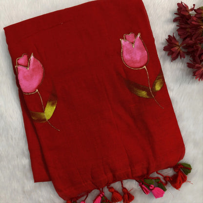 Bright red soft mul mul cotton saree(soft, light weight)with hand brush paint work all over,handmade tassles in pallu, running blouse. NS281