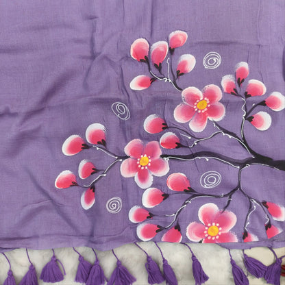 Lavender soft mul mul cotton saree(soft, light weight)with hand brush paint work all over,handmade tassles in pallu, running blouse. NS288