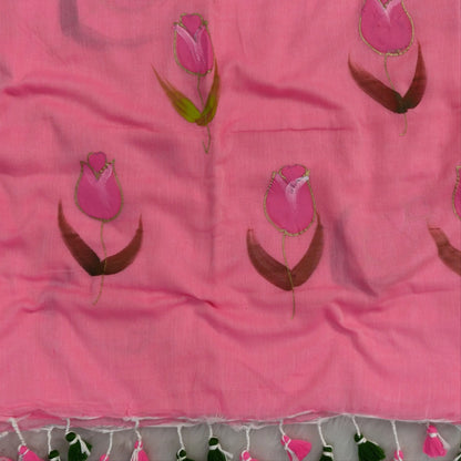 Pink soft mul mul cotton saree(soft, light weight)with hand brush paint work all over,handmade tassles in pallu, running blouse. NS284
