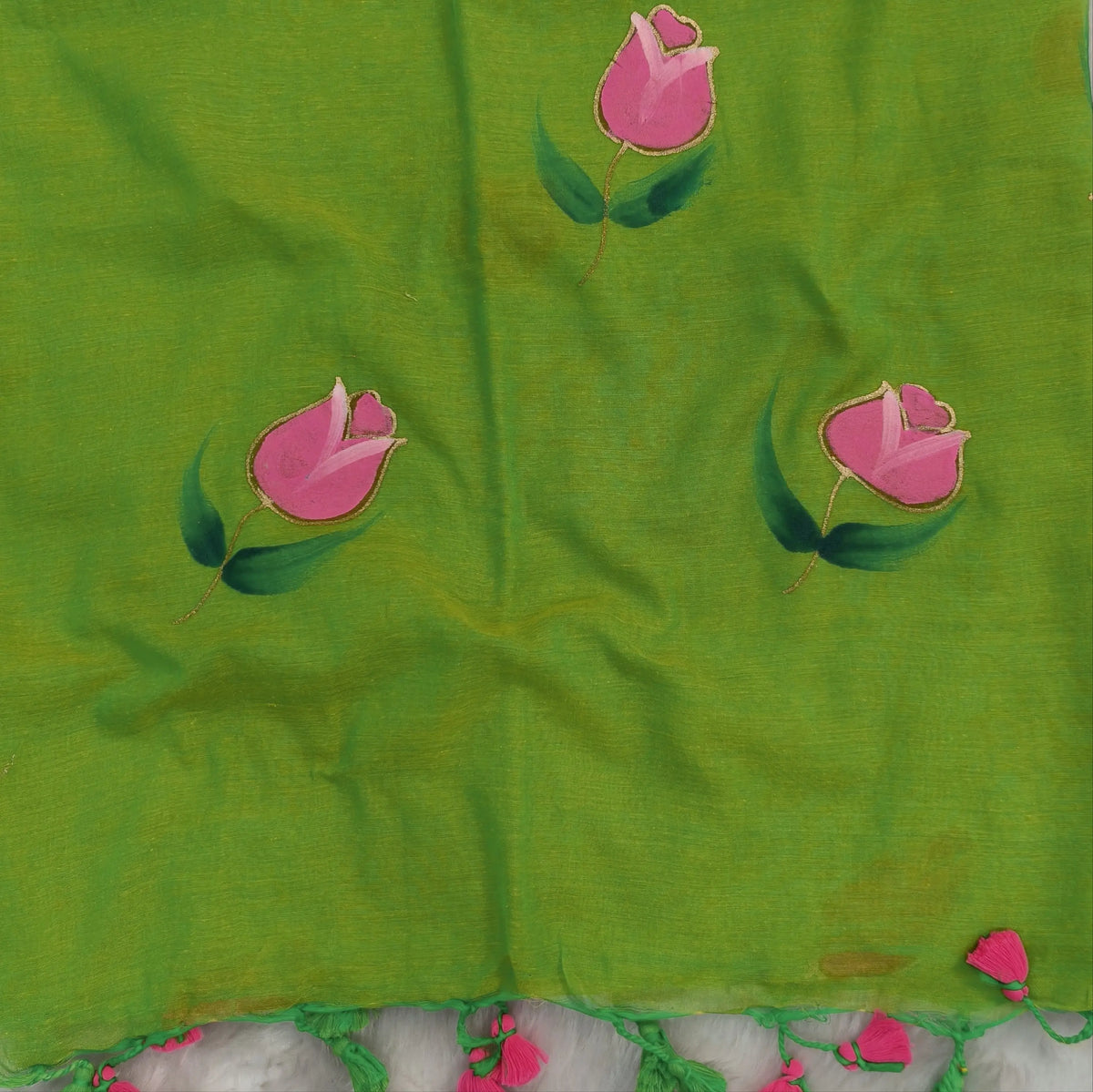 Leafy green soft mul mul cotton saree(soft, light weight)with hand brush paint work all over,handmade tassles in pallu, running blouse. NS285