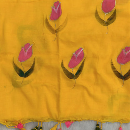 Sunshine yellow soft mul mul cotton saree(soft, light weight)with hand brush paint work all over,handmade tassles in pallu, running blouse. NS282