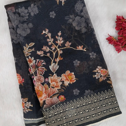 CODE NS102 : Black designer digital printed premium soft silk cotton saree, kantha stich& sequins work all over, machine embroidered on daman, short embroidered pallu, floral printed running blouse.