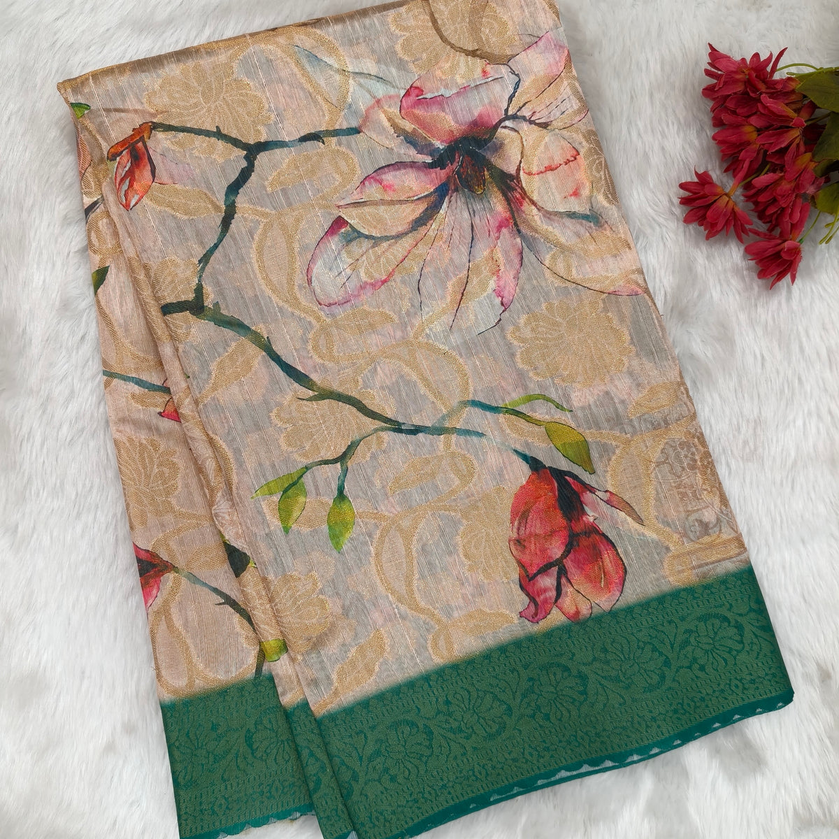 CODE WS1349 :  Rich beige designer silk cotton saree,double side borders with cut work edges, contrast running blouse, turquoise green rich zari woven pallu.