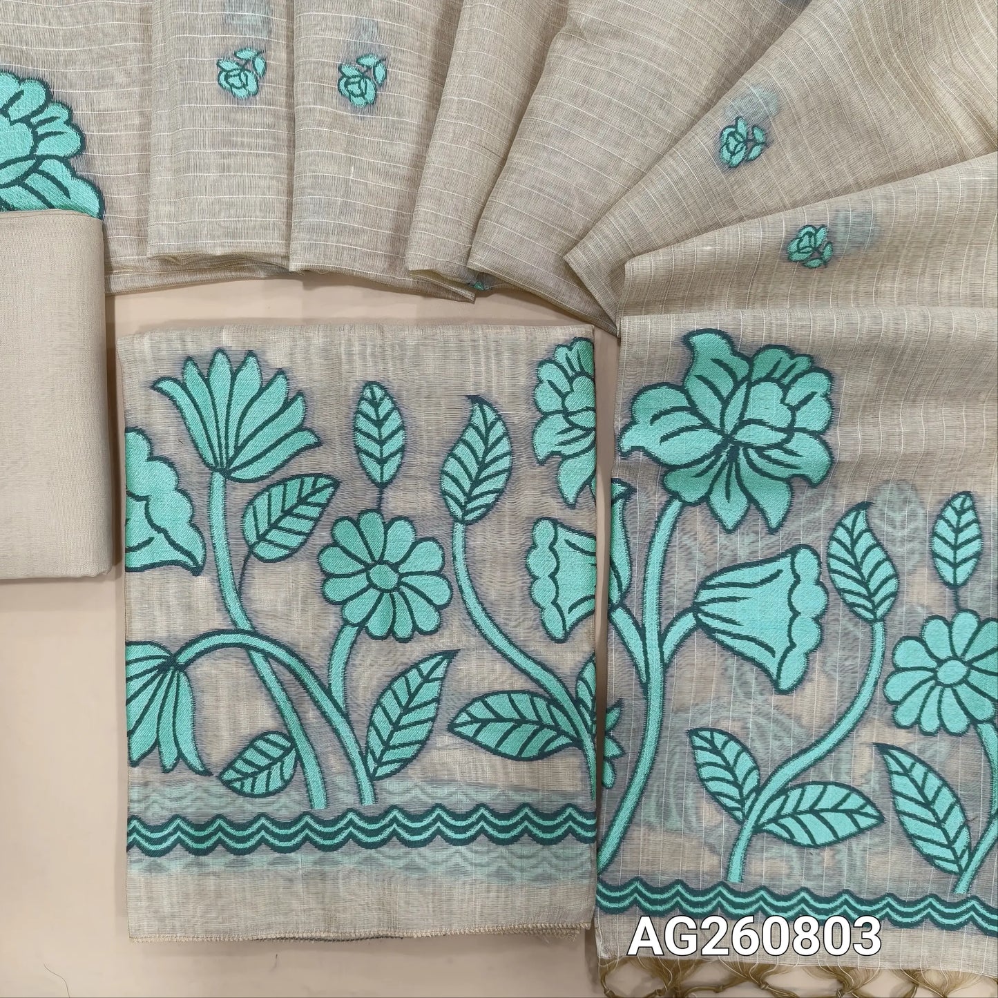 Light beige base soft silk cotton unstitched salwar material,buttas on front,thread woven on daman,PASTEL BLUE(Lining Needed)spun cotton bottom, buttas on soft silk cotton dupatta with thread woven pallu. AG260803