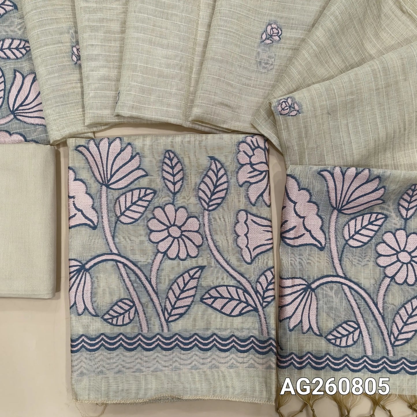 Light beige base soft silk cotton unstitched salwar material,buttas on front,thread woven on daman,PASTEL PINK(Lining Needed)spun cotton bottom, buttas on soft silk cotton dupatta with thread woven pallu. AG260805