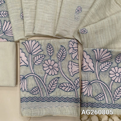 Light beige base soft silk cotton unstitched salwar material,buttas on front,thread woven on daman,PASTEL PINK(Lining Needed)spun cotton bottom, buttas on soft silk cotton dupatta with thread woven pallu. AG260805