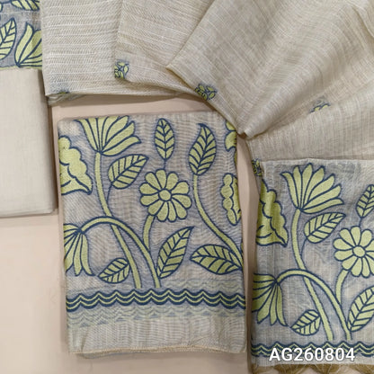 Light beige base soft silk cotton unstitched salwar material,buttas on front,thread woven on daman,LIGHT GREEN(Lining Needed)spun cotton bottom, buttas on soft silk cotton dupatta with thread woven pallu. AG260804