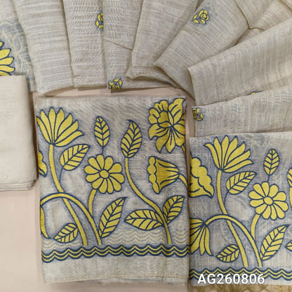 Light beige base soft silk cotton unstitched salwar material,buttas on front,thread woven on daman,YELLOW(Lining Needed)spun cotton bottom, buttas on soft silk cotton dupatta with thread woven pallu. AG260806