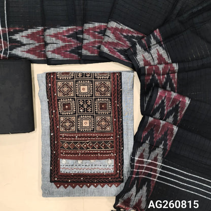 Light grey south handloom cotton unstitched salwar material, ajrak block printed yoke with thread& sequins work(lining needed)black cotton bottom, south handloom cotton dupatta with ikat woven borders. AG260815