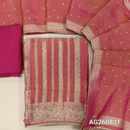 Bright pink with golden tint jakard tissue silk cotton unstitched salwar material,self design all over,cut bead and zardozi work on front, panel design, (Lining Needed)santoon bottom, tissue silk dupatta with zari woven borders. AG260801