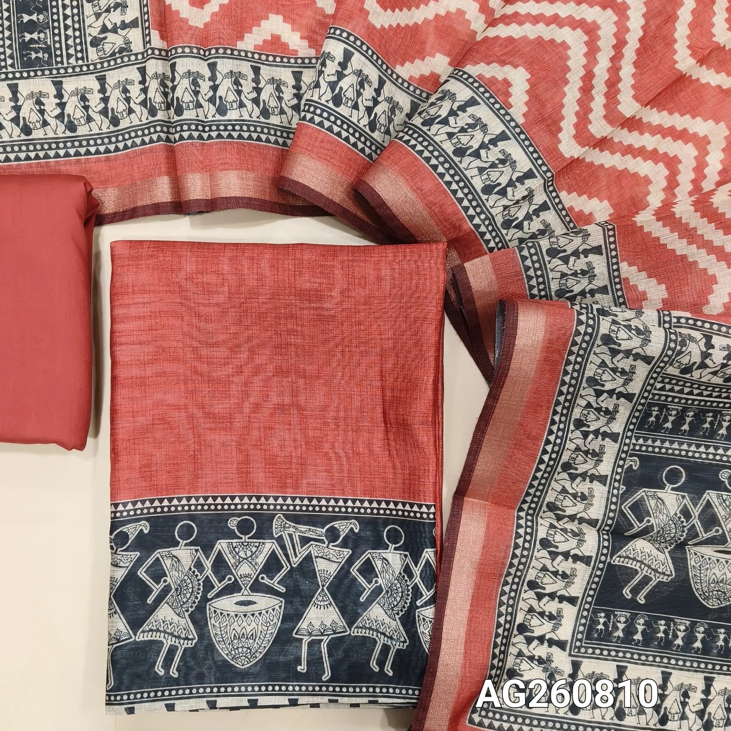 Maroon digital printed silk cotton unstitched salwar material,warli printed daman, (Lining Needed)spun cotton bottom, zig zag digital printed silk cotton dupatta with warli printed pallu. AG260810