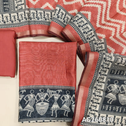 Maroon digital printed silk cotton unstitched salwar material,warli printed daman, (Lining Needed)spun cotton bottom, zig zag digital printed silk cotton dupatta with warli printed pallu. AG260810