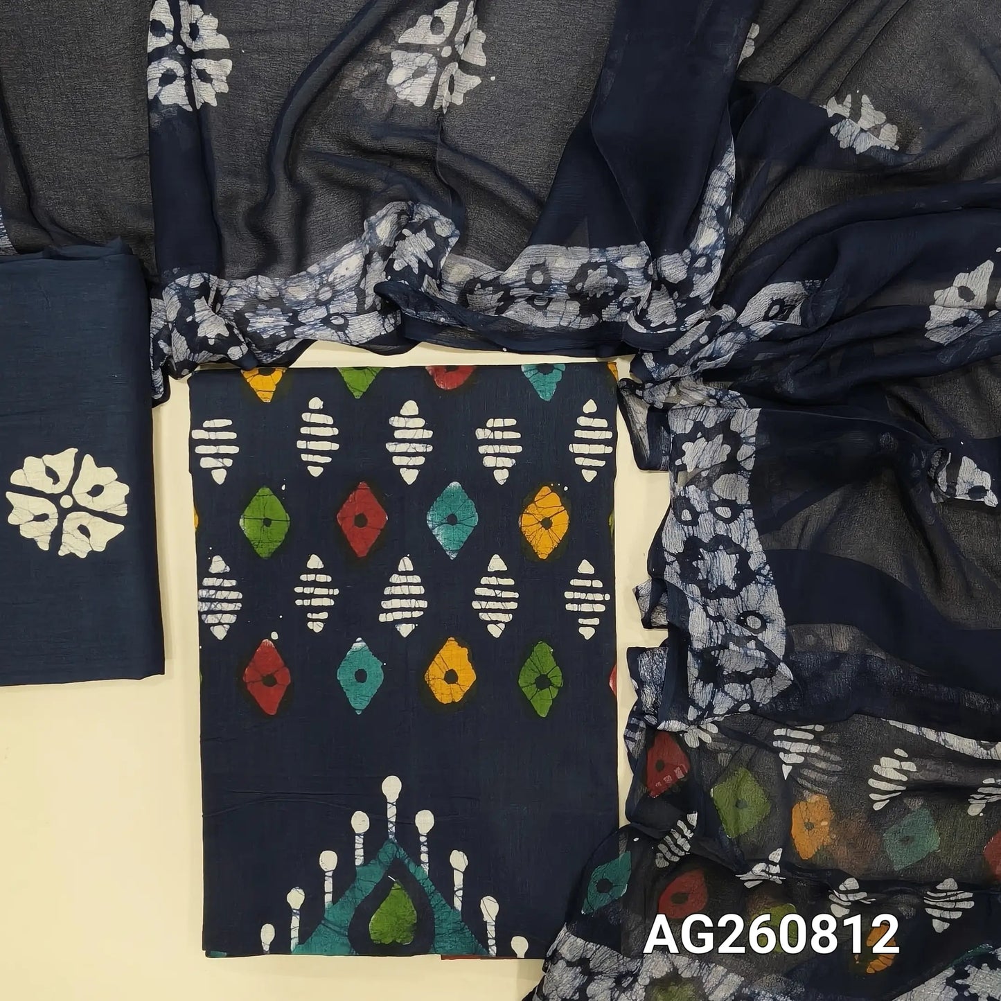 Dark blue multicolored wax batik dyed pure cotton unstitched salwar material,(lining needed)batik cotton bottom, batik design on pure chiffon dupatta with pallu. AG260812