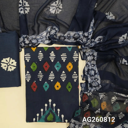 Dark blue multicolored wax batik dyed pure cotton unstitched salwar material,(lining needed)batik cotton bottom, batik design on pure chiffon dupatta with pallu. AG260812