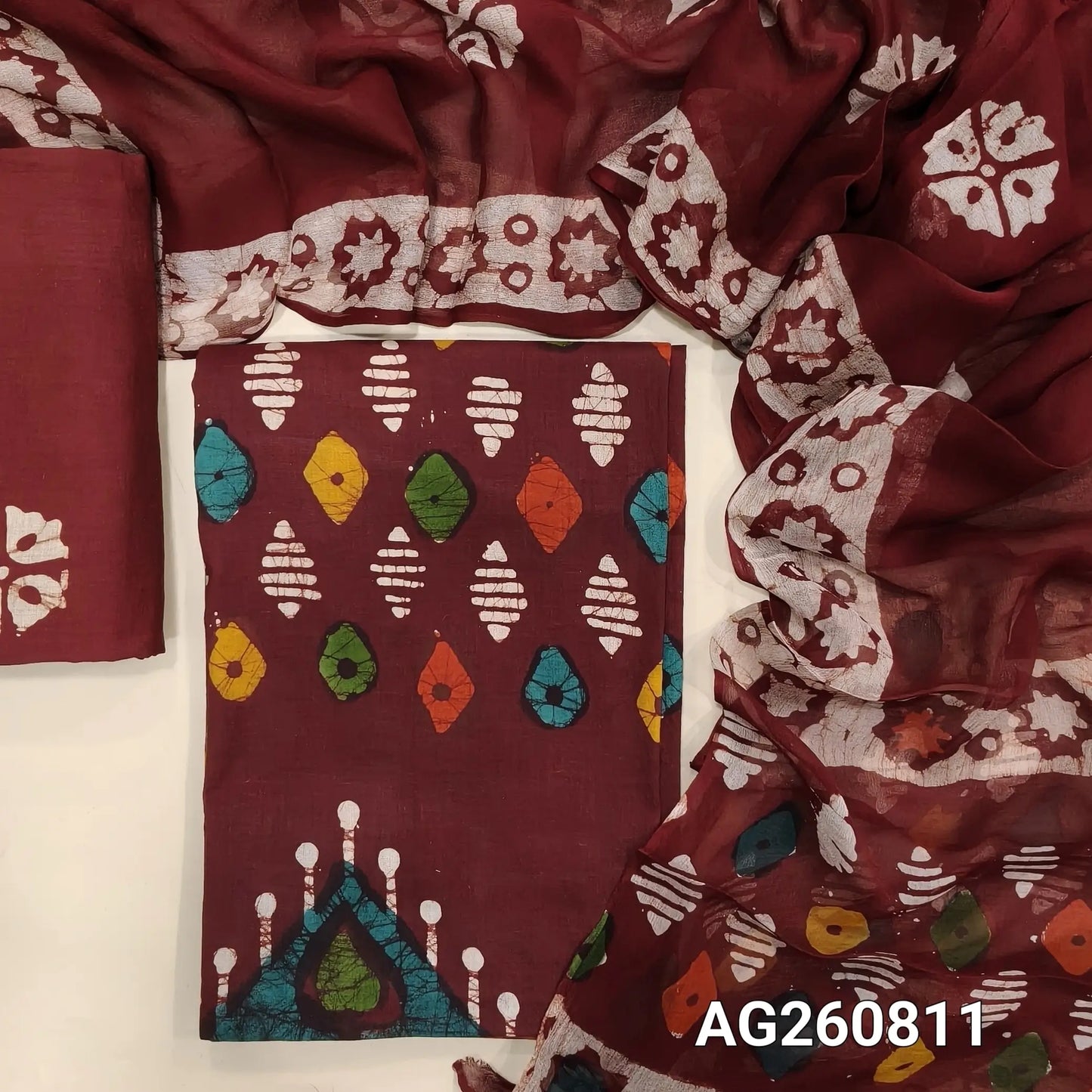 Reddish maroon multicolored wax batik dyed pure cotton unstitched salwar material,(lining needed)batik cotton bottom, batik design on pure chiffon dupatta with pallu. AG260813