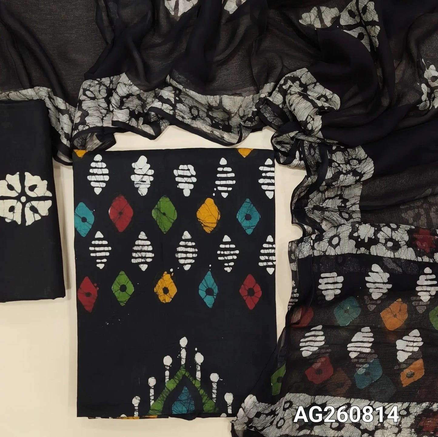 Black multicolored wax batik dyed pure cotton unstitched salwar material,(lining needed)batik cotton bottom, batik design on pure chiffon dupatta with pallu. AG260814