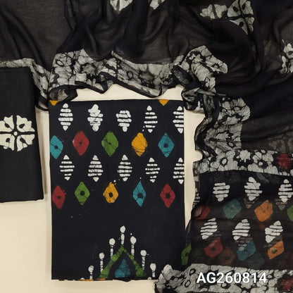 Black multicolored wax batik dyed pure cotton unstitched salwar material,(lining needed)batik cotton bottom, batik design on pure chiffon dupatta with pallu. AG260814