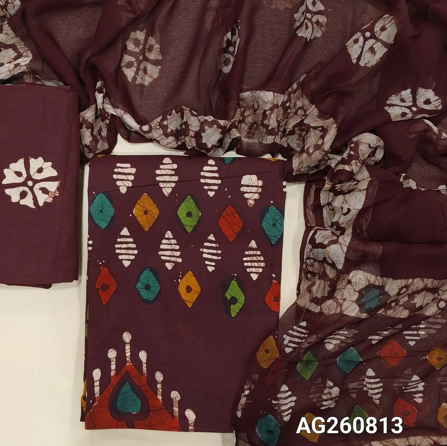 Dark maroon multicolored wax batik dyed pure cotton unstitched salwar material,(lining needed)batik cotton bottom, batik design on pure chiffon dupatta with pallu. AG260811