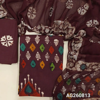 Dark maroon multicolored wax batik dyed pure cotton unstitched salwar material,(lining needed)batik cotton bottom, batik design on pure chiffon dupatta with pallu. AG260811