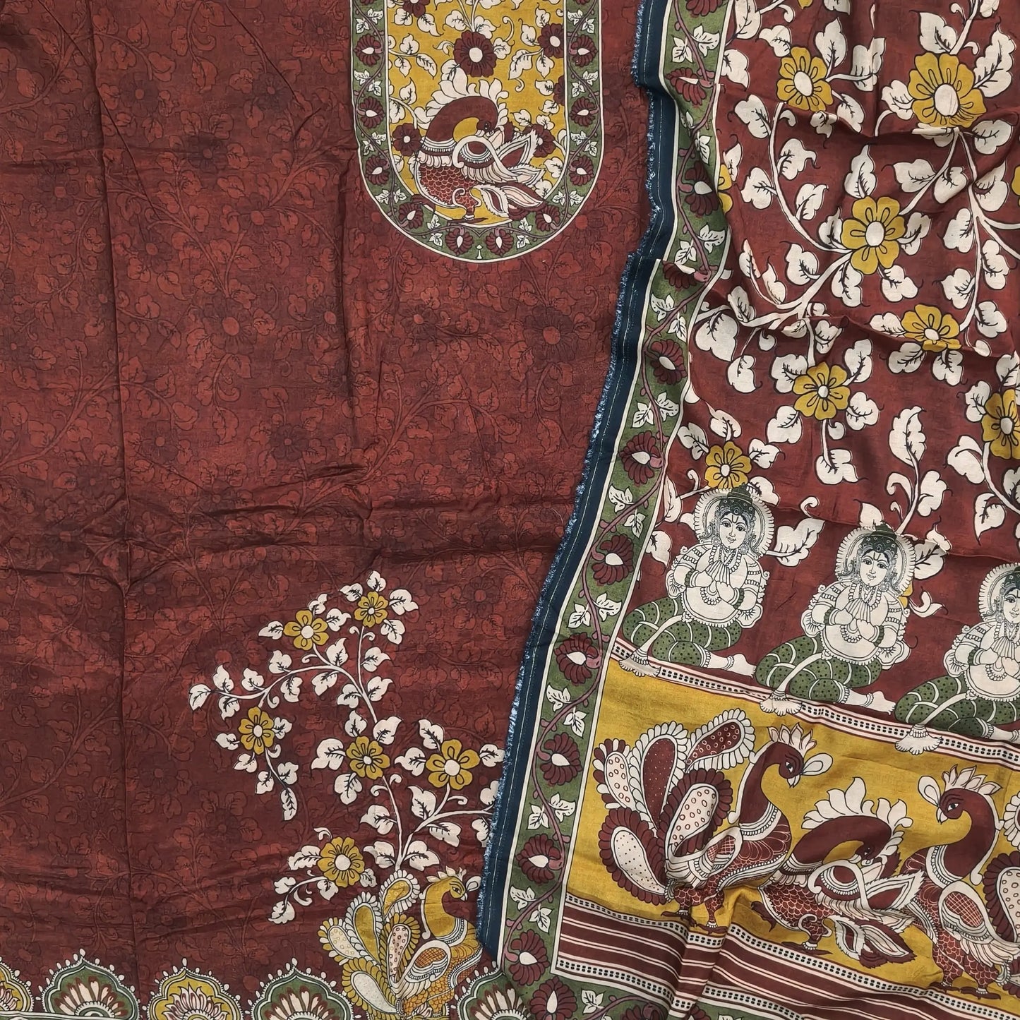 Designer dark maroon muslin silk unstitched salwar material(silky,lining needed) kalamkari printed all over, NO BOTTOM,kalamkari printed short width muslin silk dupatta. JN261016