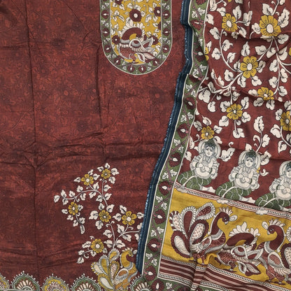 Designer dark maroon muslin silk unstitched salwar material(silky,lining needed) kalamkari printed all over, NO BOTTOM,kalamkari printed short width muslin silk dupatta. JN261016