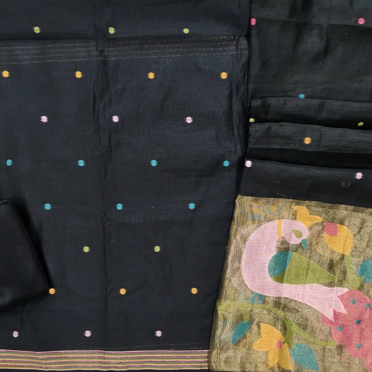 Black premium silk cotton jamdani woven unstitched salwar material, thread woven buttas all over (Thin, Lining Needed) matching silk cotton bottom, jamdani woven silk cotton dupatta with rich weaving on tissue pallu. TAPINGS NEEDED. AG262611