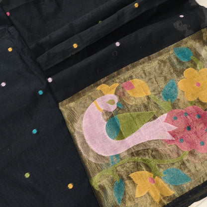 Black premium silk cotton jamdani woven unstitched salwar material, thread woven buttas all over (Thin, Lining Needed) matching silk cotton bottom, jamdani woven silk cotton dupatta with rich weaving on tissue pallu. TAPINGS NEEDED. AG262611